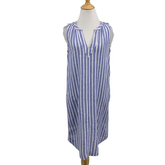 BeachLunchLounge Dress Women S Small Blue White Stripe Linen Blend Tally V Neck - Picture 1 of 11